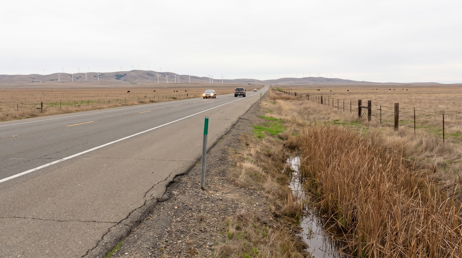 State Route 12 east of Suisun City crossing open Solano County grazing land toward the Montezuma Hills wind turbines on an overcast day